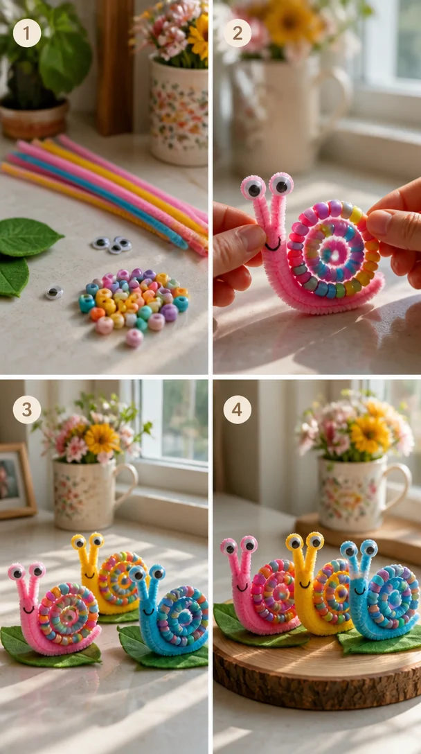 Bunte Schnecken aus Rohrreinigern und Perlen, kreativ und verspielt gestaltet.