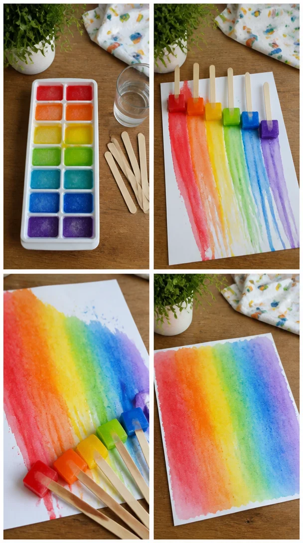Sommerkunstaktivität mit schmelzenden Regenbogen-Eiskuben als Pinsel für kreative Muster.