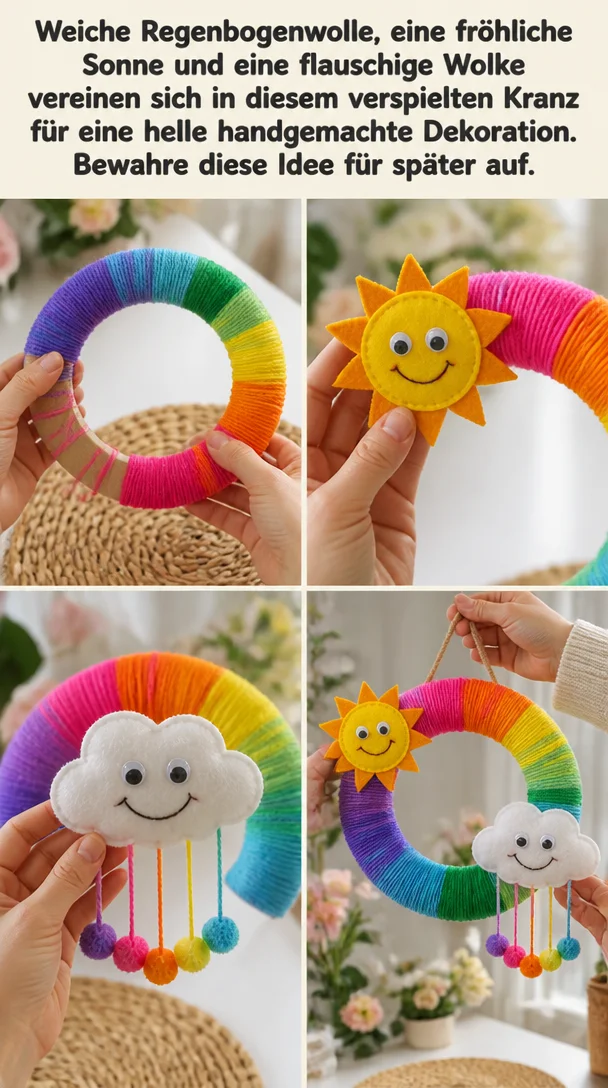 Verspielter Kranz aus Regenbogenwolle mit Sonne und Wolke für handgemachte Dekoration