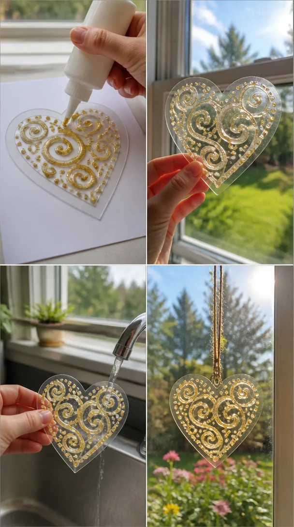 Bunte Sonnenfänger aus Kleber, die lebendige Muster und Licht ins Fenster bringen.